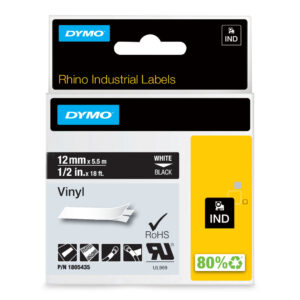 DYMO Rhino industriële Vinyl Labels | 12 mm x 5,5 m | witte afdruk op zwart | zelfklevende labels voor Rhino & LabelManager labe
