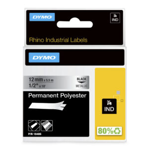 DYMO Rhino industriële labels | Permanent Polyester | 12 mm x 3,5 m | zwarte afdruk op metallic | zelfklevende labels voor Rhino