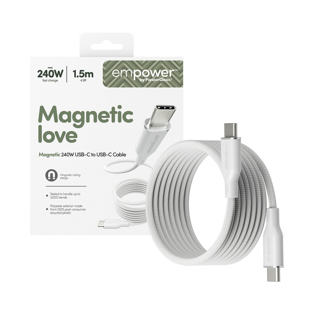 PanzerGlass empower™ by ® Magnetic 240W USB-C to USB-C Cable | USB 2.0 | 1.5M | Silver White USB-kabel Wit - Afbeelding 5
