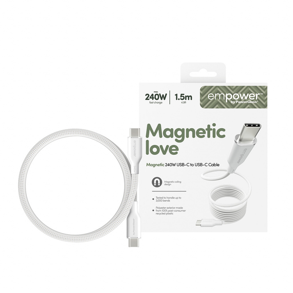 PanzerGlass empower™ by ® Magnetic 240W USB-C to USB-C Cable | USB 2.0 | 1.5M | Silver White USB-kabel Wit - Afbeelding 2
