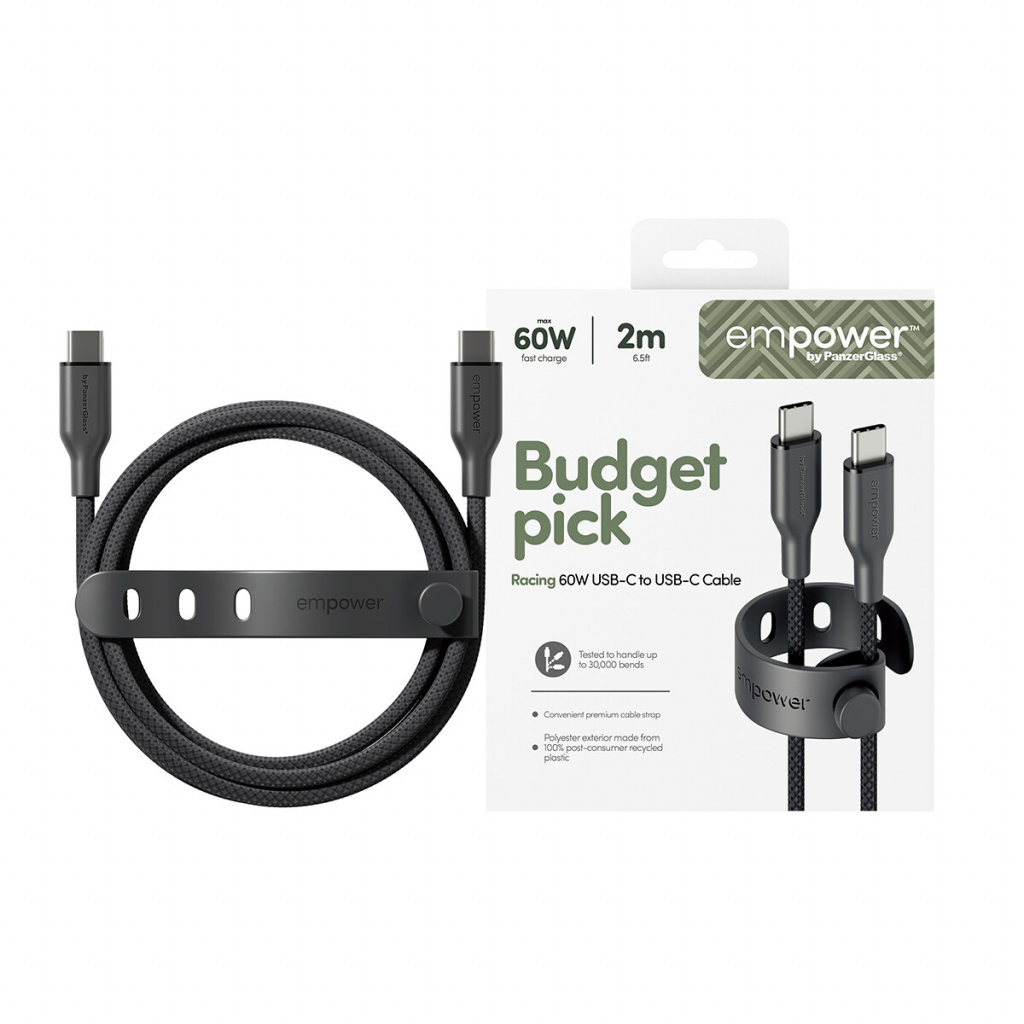 PanzerGlass empower™ by ® Racing 60W USB-C to USB-C Cable | USB 2.0 | 2M | Space Black USB-kabel Zwart - Afbeelding 2
