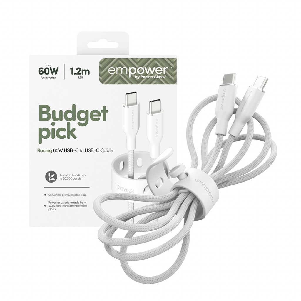 PanzerGlass empower™ by ® Racing 60W USB-C to USB-C Cable | USB 2.0 | 1.2M | Silver White USB-kabel Wit - Afbeelding 5