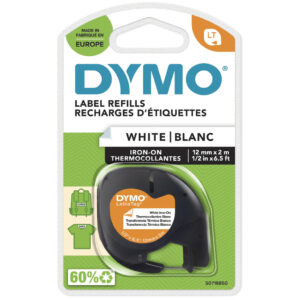 DYMO LetraTag originel opstrijkbare textiellabels | 12 mm x 2 m rol | Zwart afdrukken op witte etiketten | opstrijkbaar voor Let
