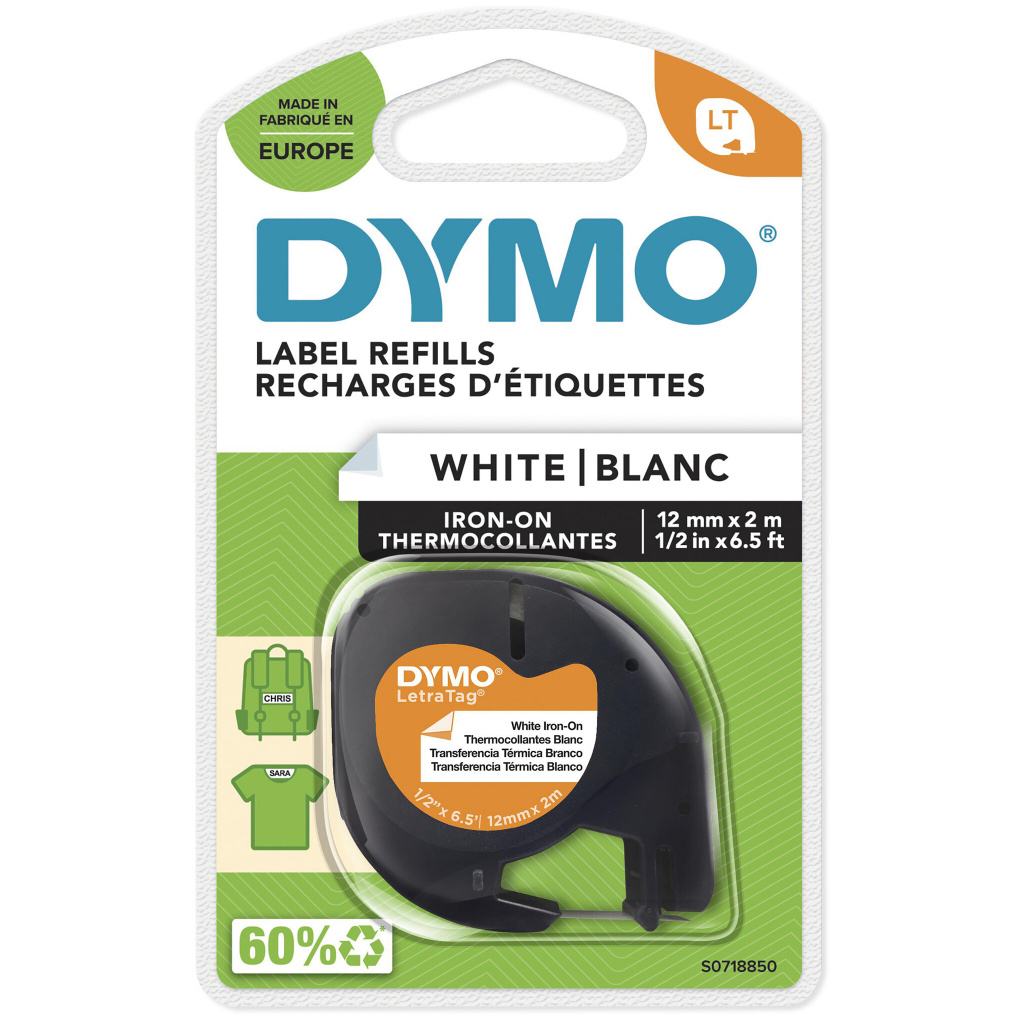 DYMO LetraTag originel opstrijkbare textiellabels | 12 mm x 2 m rol | Zwart afdrukken op witte etiketten | opstrijkbaar voor Let