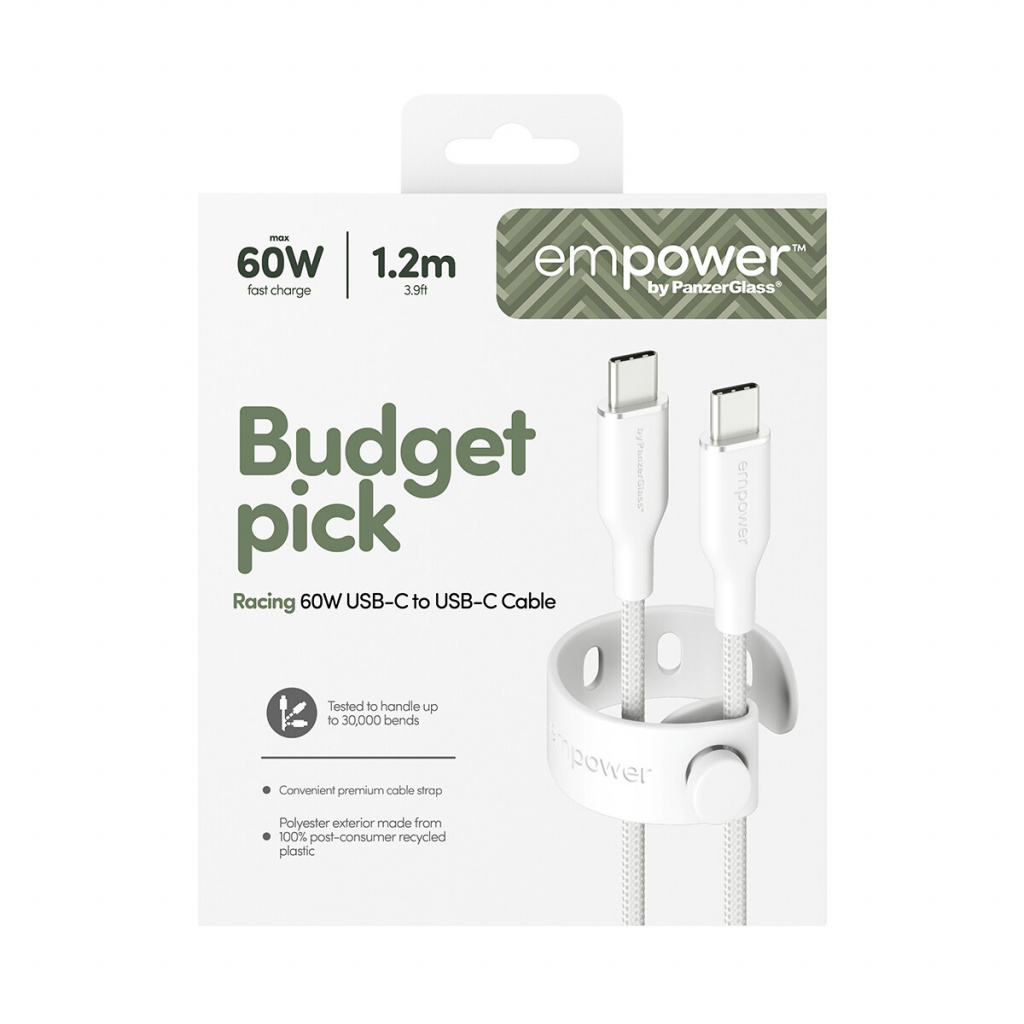 PanzerGlass empower™ by ® Racing 60W USB-C to USB-C Cable | USB 2.0 | 1.2M | Silver White USB-kabel Wit - Afbeelding 3