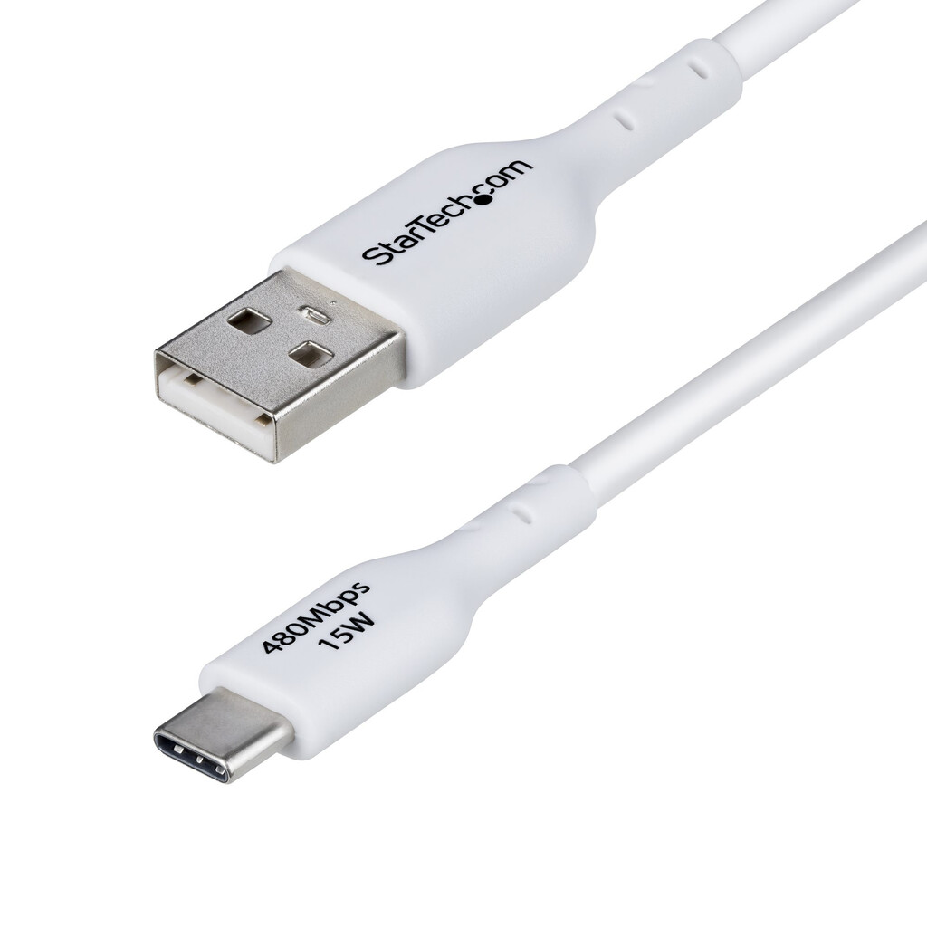 StarTech.com 2m USB-A naar USB-C Laadkabel, Charge & Sync, 3A, USB 2.0, TPE Mantel - Witte USB Oplaadkabel
