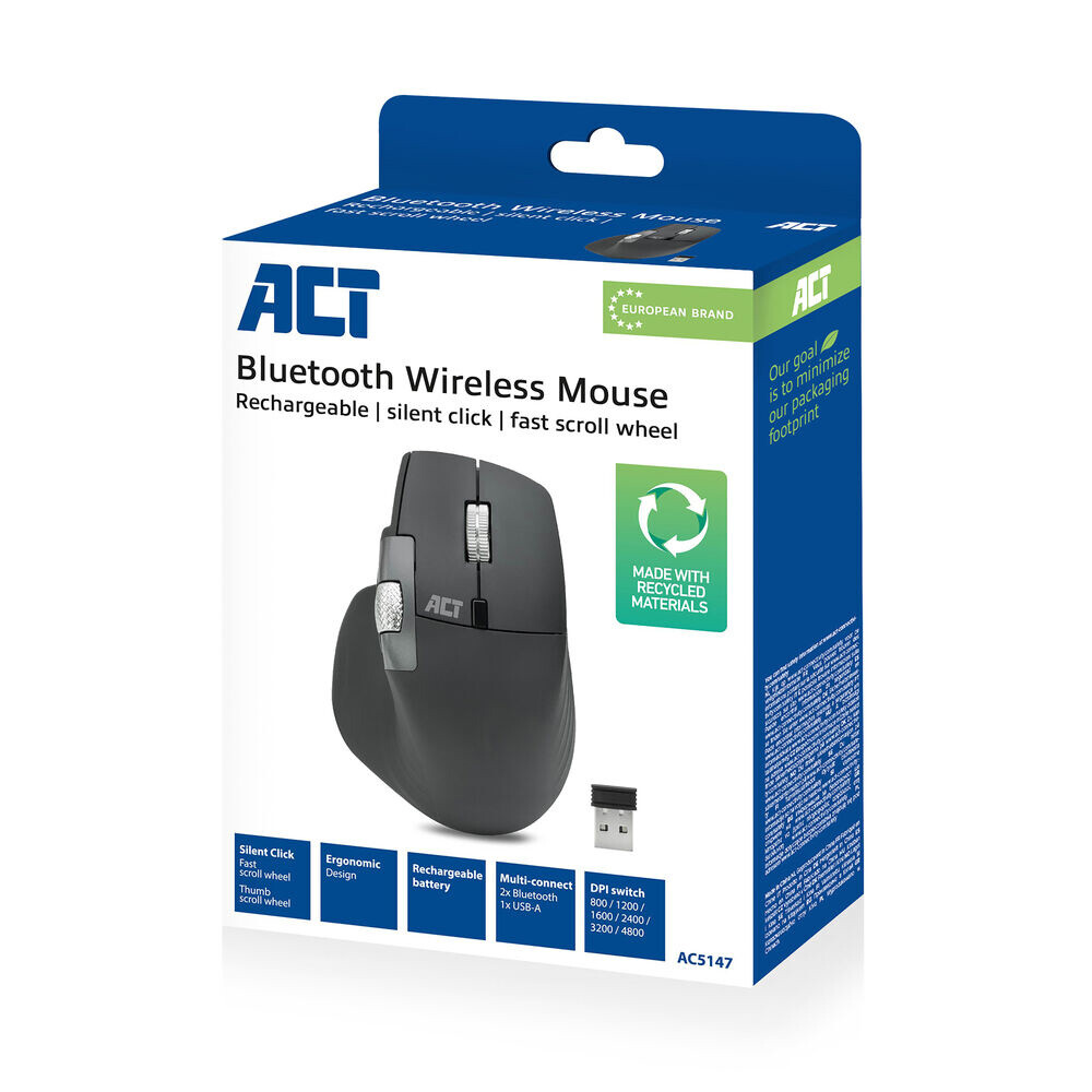 ACT Draadloze multi-connect muis Bluetooth en USB ontvanger, oplaadbaar, 4800 DPI met stille klik, snel scrolwiel en duimscrolwi - Afbeelding 2