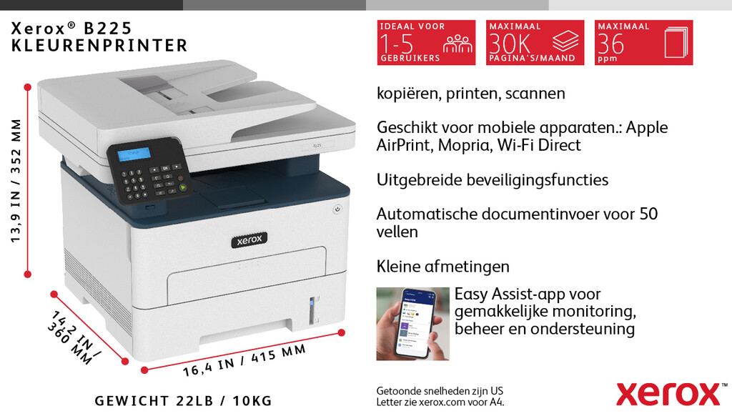 Xerox B225 A4 34 ppm draadloze dubbelzijdige printer PS3 PCL5e/6 ADF 2 laden totaal 251 vel - Afbeelding 12