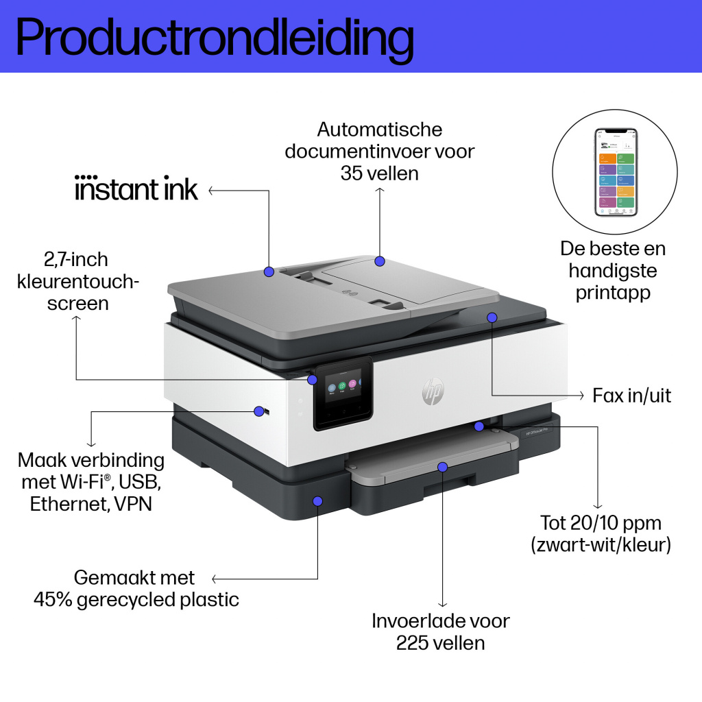 HP OfficeJet Pro 8132e Draadloos All-in-One Kleur Printer, Instant Ink; Dubbelzijdig printen - Afbeelding 6