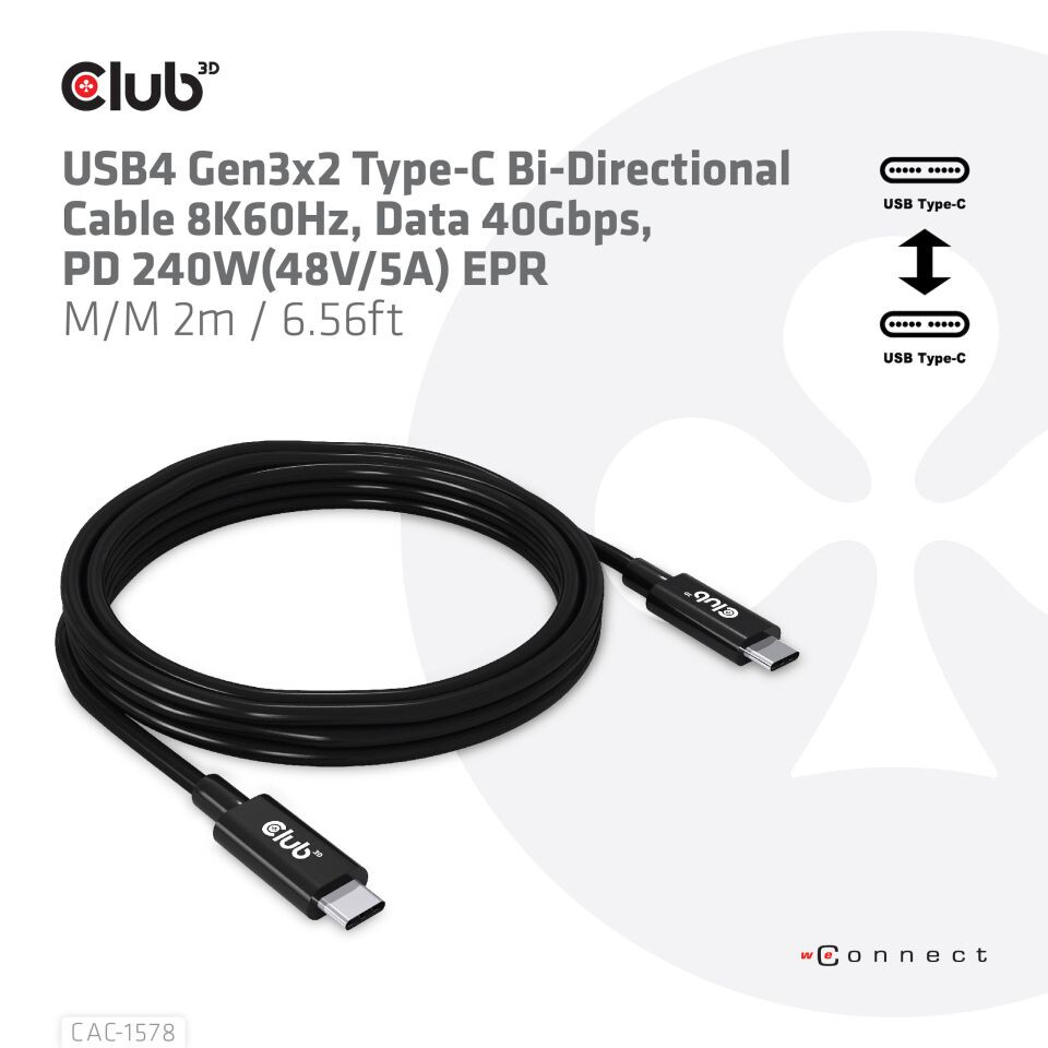 CLUB3D USB4 Gen3x2 Type-C Bi-Directional Cable 8K60Hz, Data 40Gbps, PD 240W(48V/5A) EPR M/M 2m / 6.56ft - Afbeelding 2