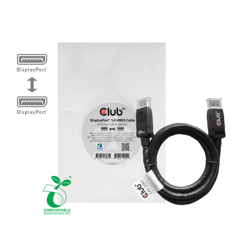 CLUB3D DisplayPort 1.4 HBR3 Cable 1meter Male/Male 8K60Hz - Afbeelding 3