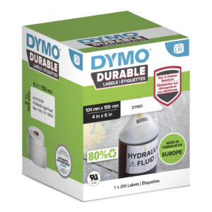 DYMO originele Duurzame LabelWriter labels | 104 mm x 159 mm | Witte Poly | 200 grote zelfklevende etiketten | Stevige labels vo