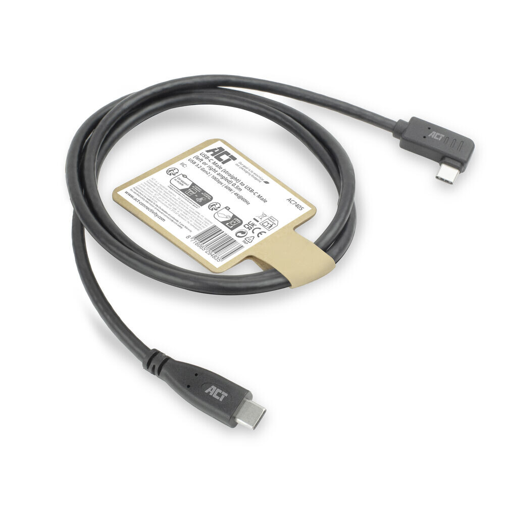 ACT USB 3.0 10Gbps 60W USB Type-C (recht) naar USB Type-C (haaks links/rechts) kabel, 3 meter - Afbeelding 2