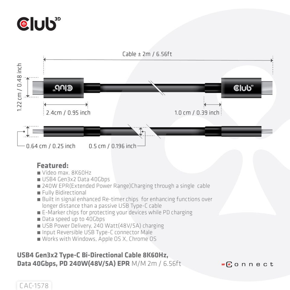 CLUB3D USB4 Gen3x2 Type-C Bi-Directional Cable 8K60Hz, Data 40Gbps, PD 240W(48V/5A) EPR M/M 2m / 6.56ft - Afbeelding 3