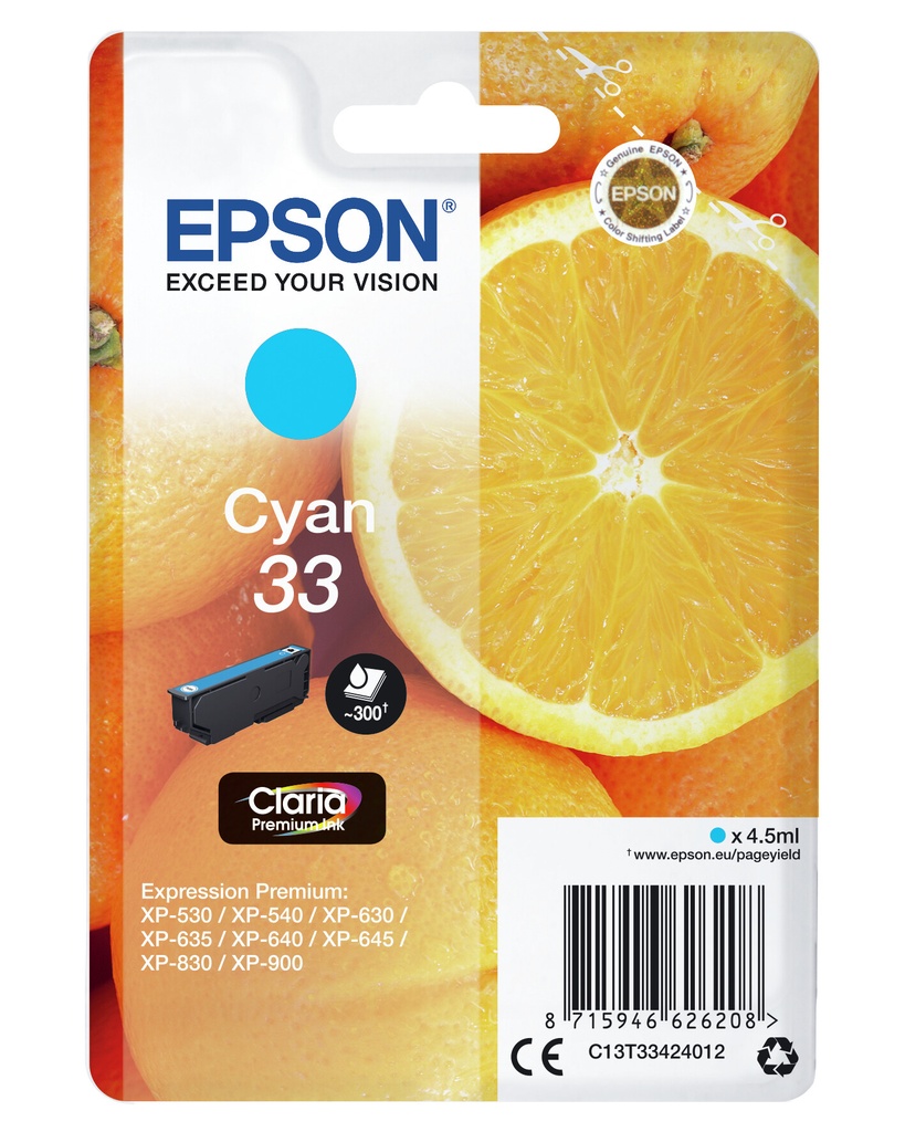Epson Oranges Singlepack Cyan 33 Claria Premium Ink - Afbeelding 2
