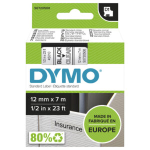 DYMO originele D1 labels | Zwarte Tekst op Doorzichtig Label | 12 mm x 7 m | zelfklevende etiketten voor de LabelManager labelp