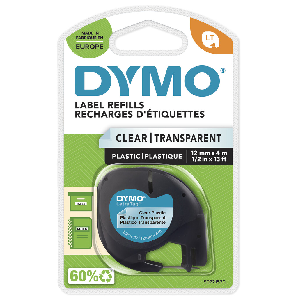 DYMO LetraTag originele plastic labels | Zwart afdrukken op transparante etiketten | 12 mm x 4 m | Zelfklevende multifunctionel