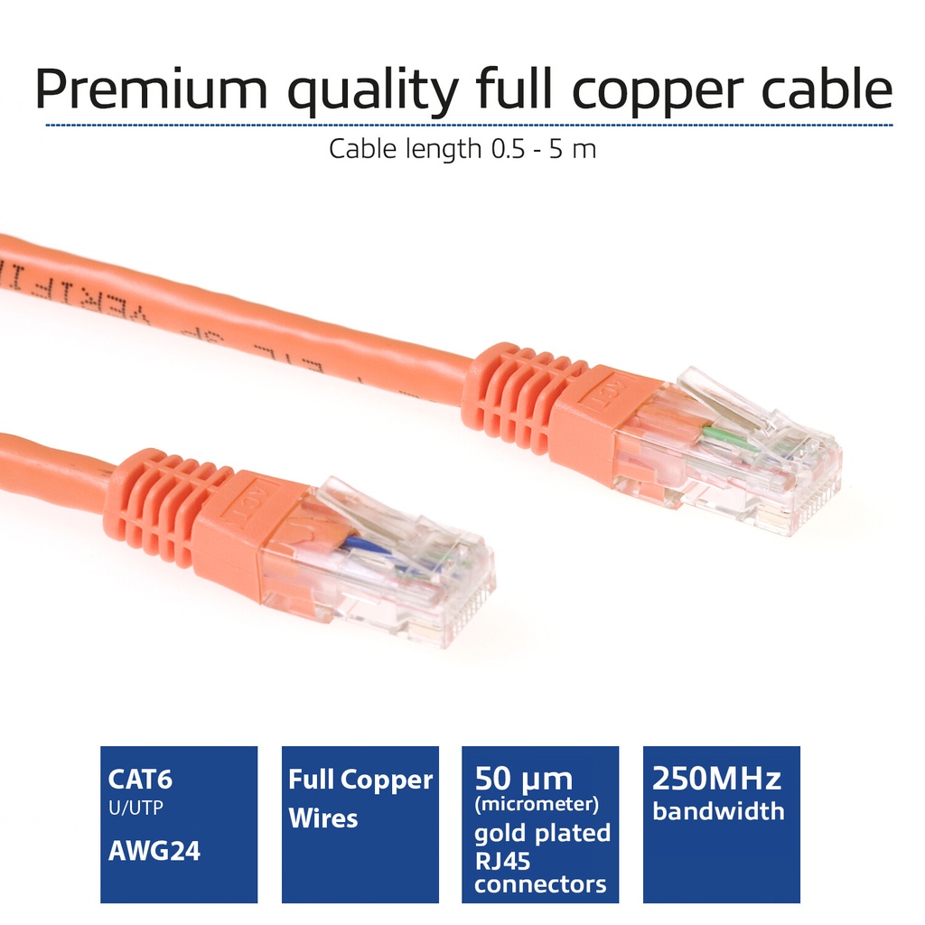 ACT Oranje 5 meter U/UTP CAT6 patchkabel met RJ45 connectoren - Afbeelding 2