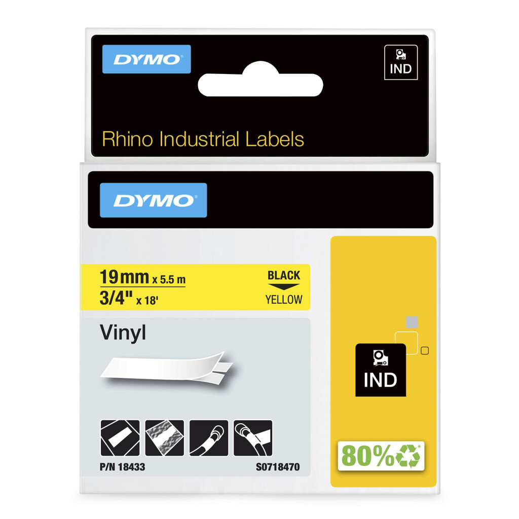 DYMO Rhino industriële Vinyl Labels | 19 mm x 5,5 m | zwarte afdruk op geel | zelfklevende labels voor Rhino & LabelManager labe
