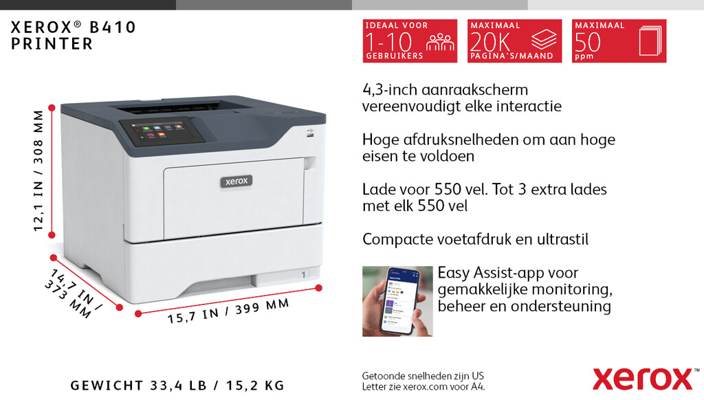 Xerox B410 A4 47 ppm draadloze dubbelzijdige printer PS3 PCL5e/6 2 laden totaal 650 vel - Afbeelding 10