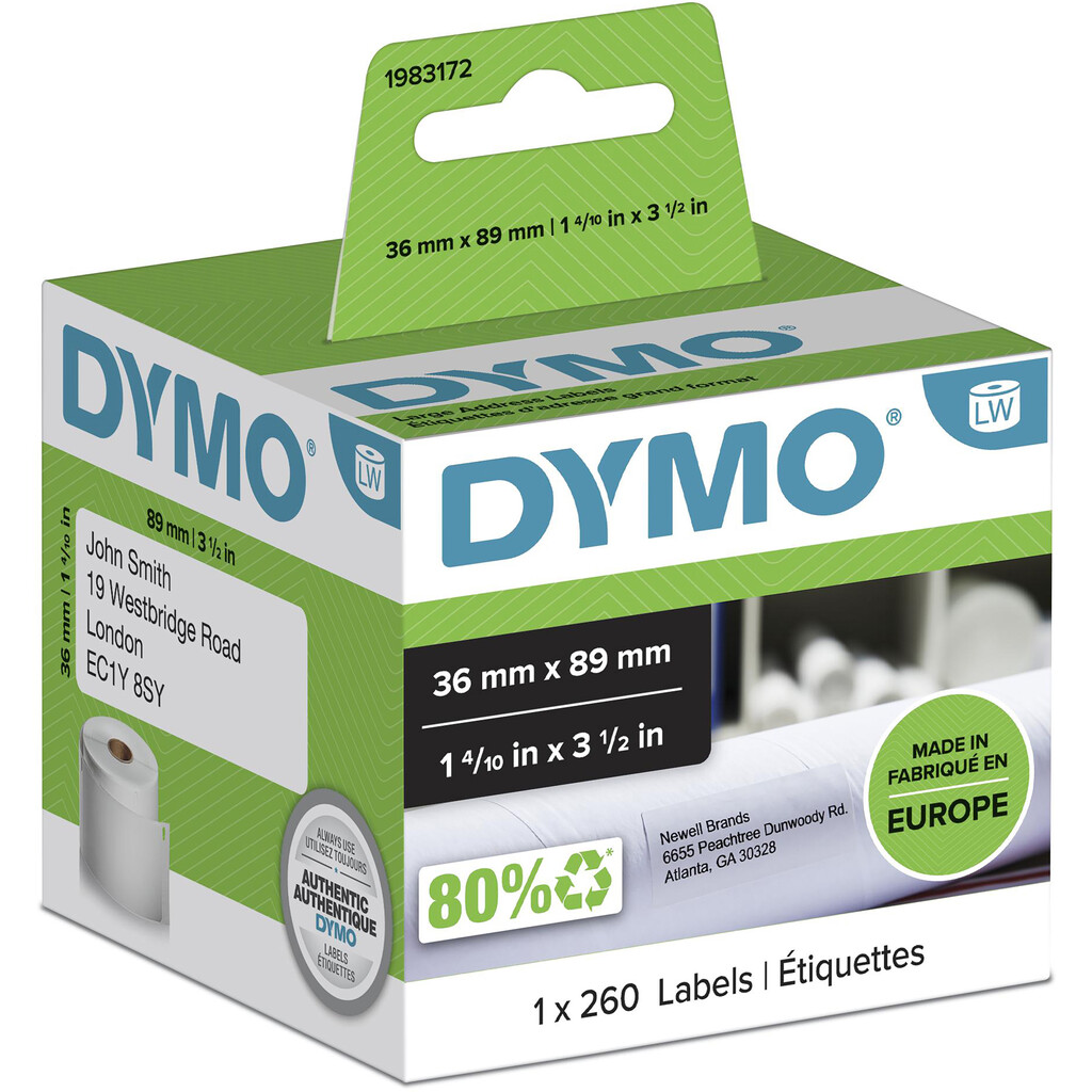DYMO originele grote LabelWriter adreslabels | 36 mm x 89 mm | 260 zelfklevende etiketten | Zwarte afdruk op wit | Geschikt voo