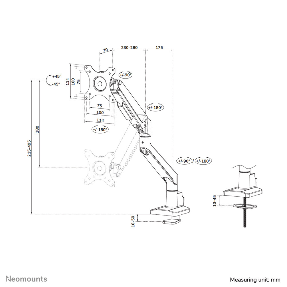 Neomounts DS70-250SL1 Monitorarm 17-35" - gasveer - Topfix - 180°-stop - Afbeelding 20