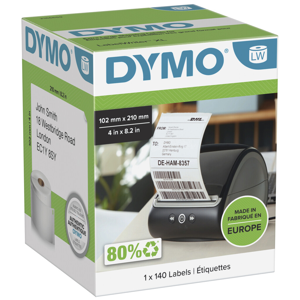 DYMO originele LabelWriter DHL labels voor hoge capaciteit | 102 mm x 210 mm| 140 postlabels | zelfklevende etiketten voor de L
