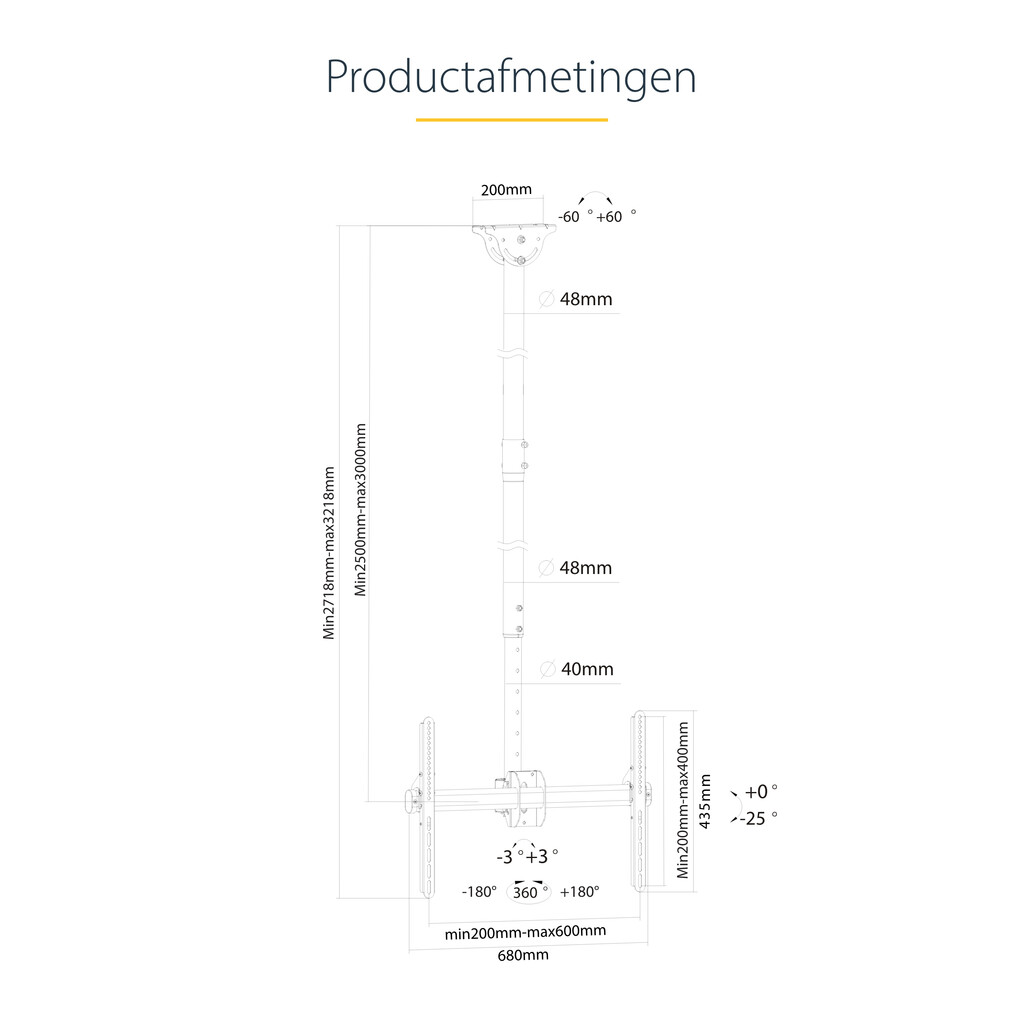 StarTech.com TV Plafondbeugel, Full-Motion Universele Ophangbeugel, VESA Beugel voor Single 32”-75" TVs / Displays, Kantelen/Zwe - Afbeelding 15