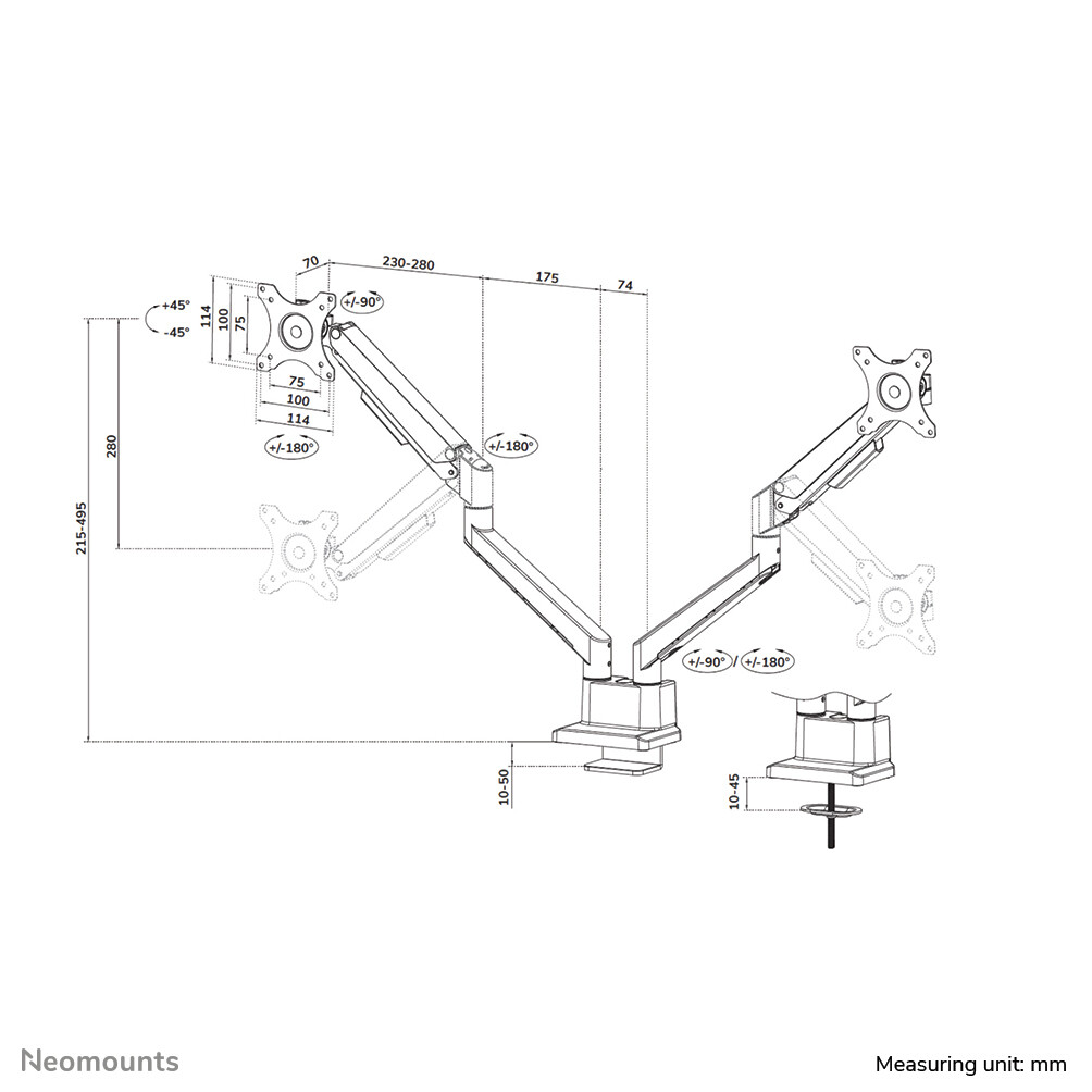 Neomounts DS70-250BL2 Monitorarm 17-32" - gasveer - Topfix - 180°-stop - Afbeelding 20
