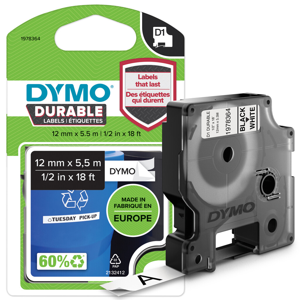 DYMO originele D1 Duurzame labels | Zwarte Tekst op Wit Label | 12 mm x 5,5 m | zelfklevende etiketten voor de LabelManager labe