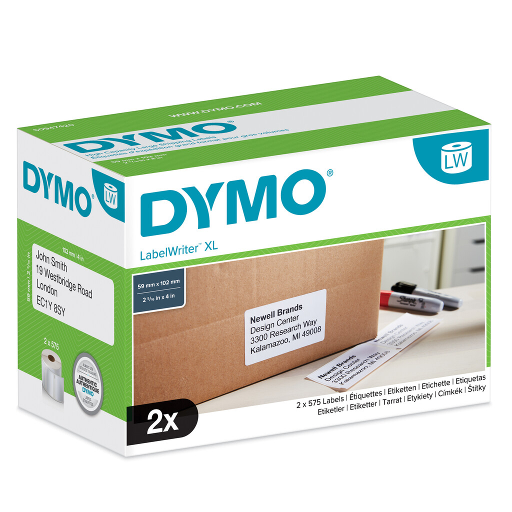 DYMO originele LabelWriter verzendlabels voor hoge capaciteit | 59 mm x 102 mm | 2 rollen eenvoudig los te maken labels (1150 po