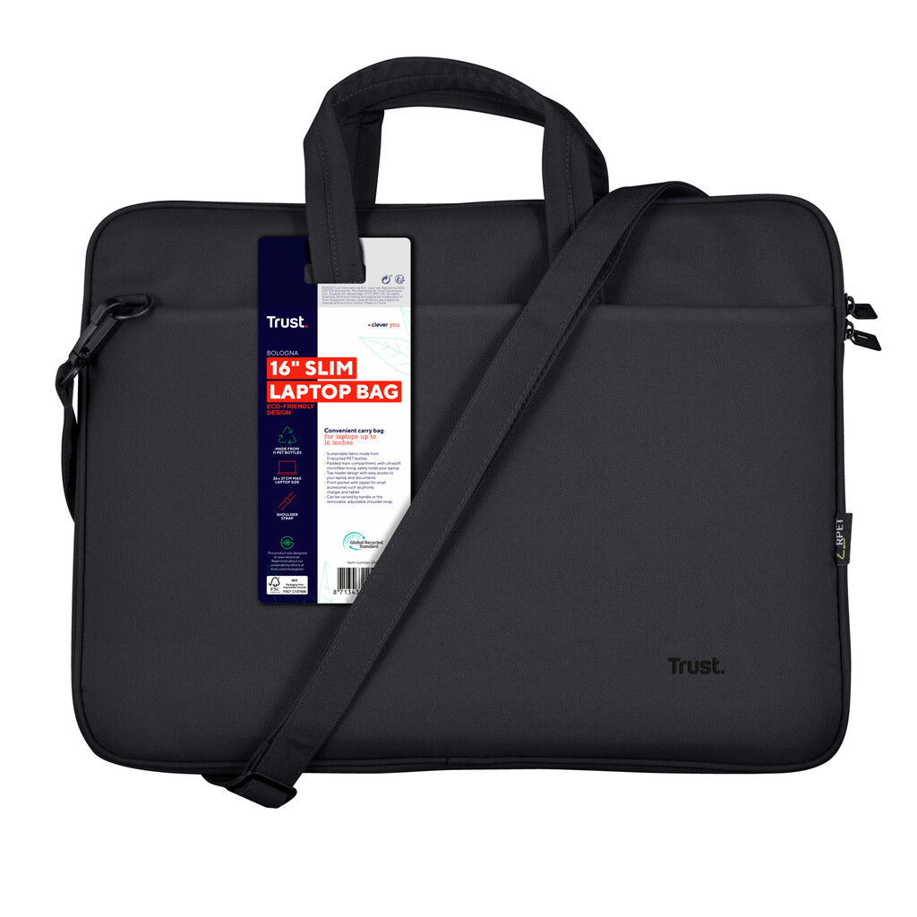Trust Bologna Laptop Sleeve 16 inch - Laptop sleeve – Voor laptops tot 16 inch – Gerecycled polyester – Zwart - Afbeelding 2