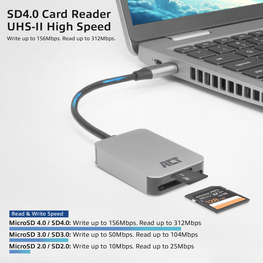 ACT USB-C kaartlezer voor SD en micro SD, SD 4.0 UHS-II - Afbeelding 2