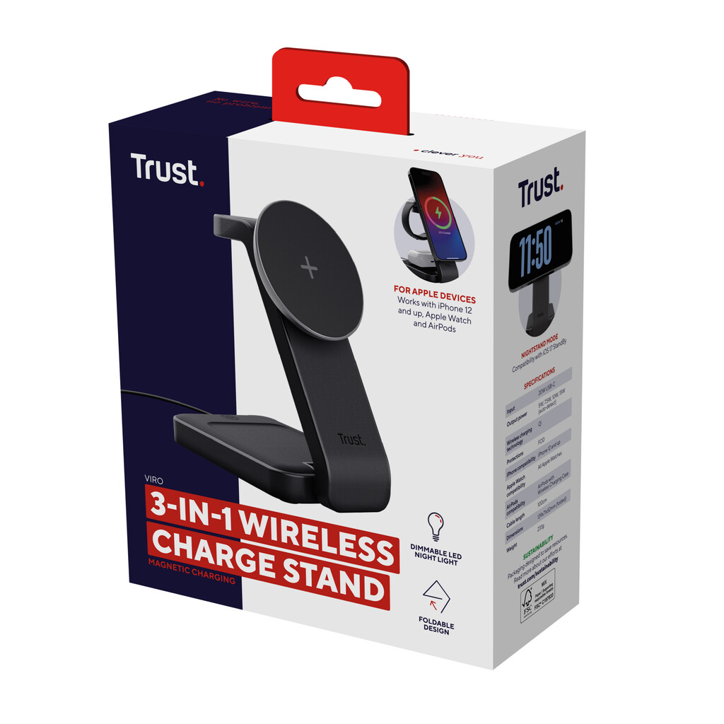 Trust Viro 3-in-1 Draadloze Magnetische Oplaadstandaard – Draadloze oplader standaard – Geschikt voor iPhone Apple Watch en AirP - Afbeelding 10