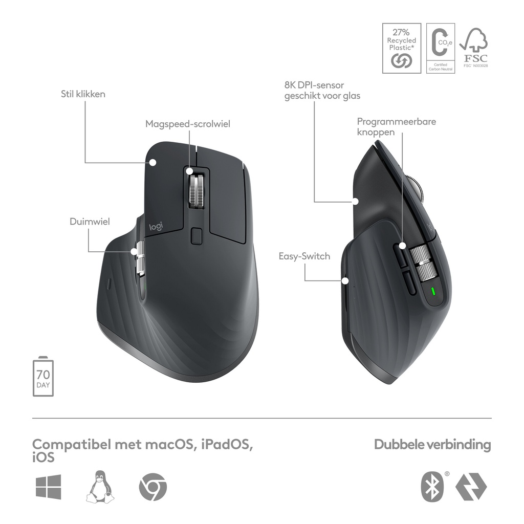 Logitech Master 920-011607 toetsenbord Inclusief muis Kantoor Bluetooth AZERTY Frans Grafiet - Afbeelding 7