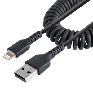 StarTech.com 50cm USB A naar Lightning Kabel, Zwart, MFi Gecertificeerd, iPhone Lader Spiraalkabel, Duurzame Aramidevezels, Robu