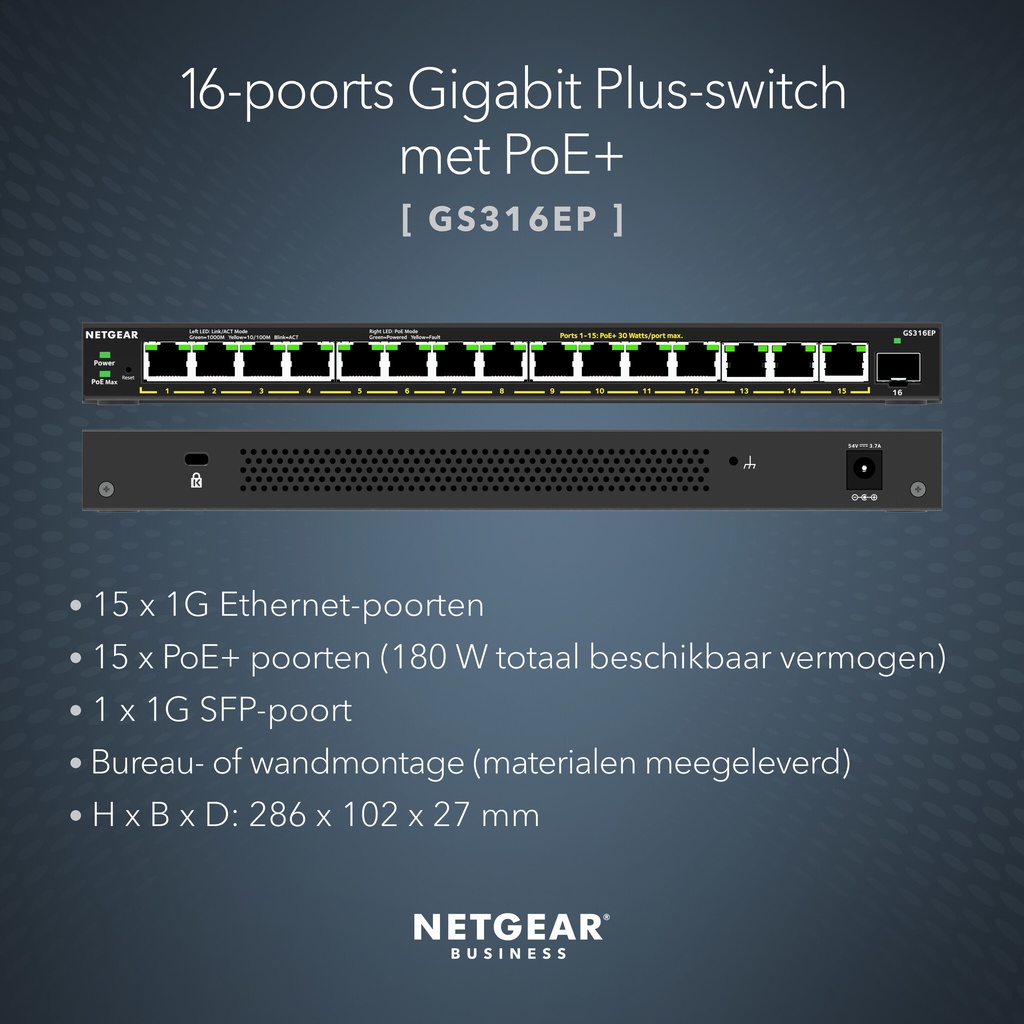 NETGEAR GS316EP Managed Gigabit Ethernet (10/100/1000) Power over Ethernet (PoE) Zwart - Afbeelding 7