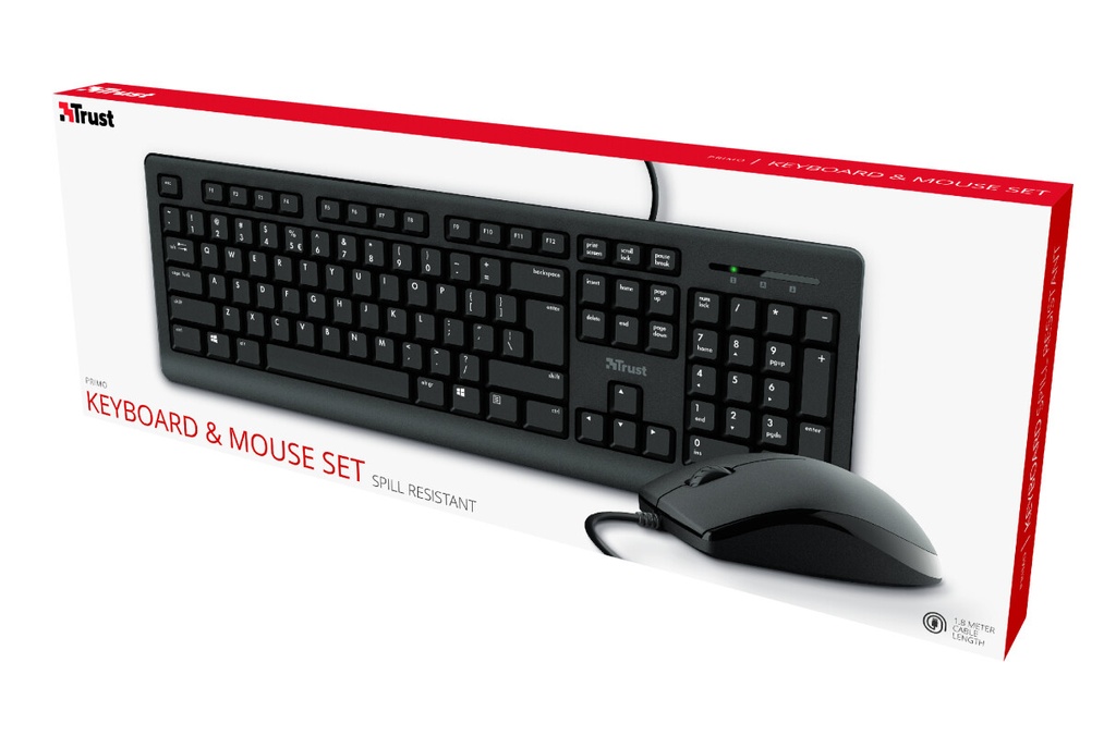 Trust Primo Toetsenbord en Muis Set - Bedrade desktopset – Belgische AZERTY-indeling – Full-size toetsenbord – Zwart - Afbeelding 3