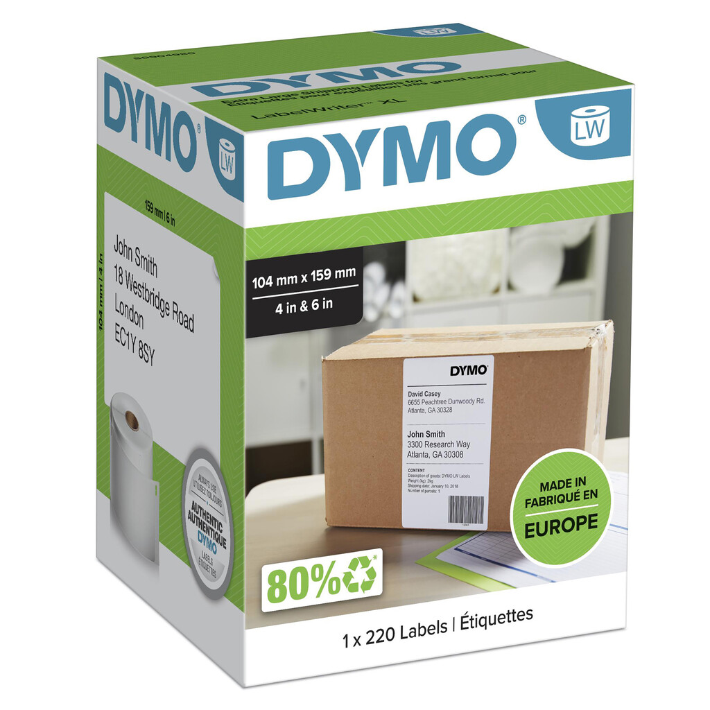 DYMO originele LabelWriter verzendetiketten, extra groot | 104 mm x 159 mm | 220 zelfklevende labels | Geschikt voor de 4XL/5XL