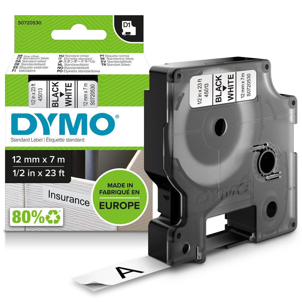 DYMO originele D1 labels | Zwarte Tekst op Wit Label | 12 mm x 7 m | Zelfklevende etiketten voor de LabelManager labelprinter |