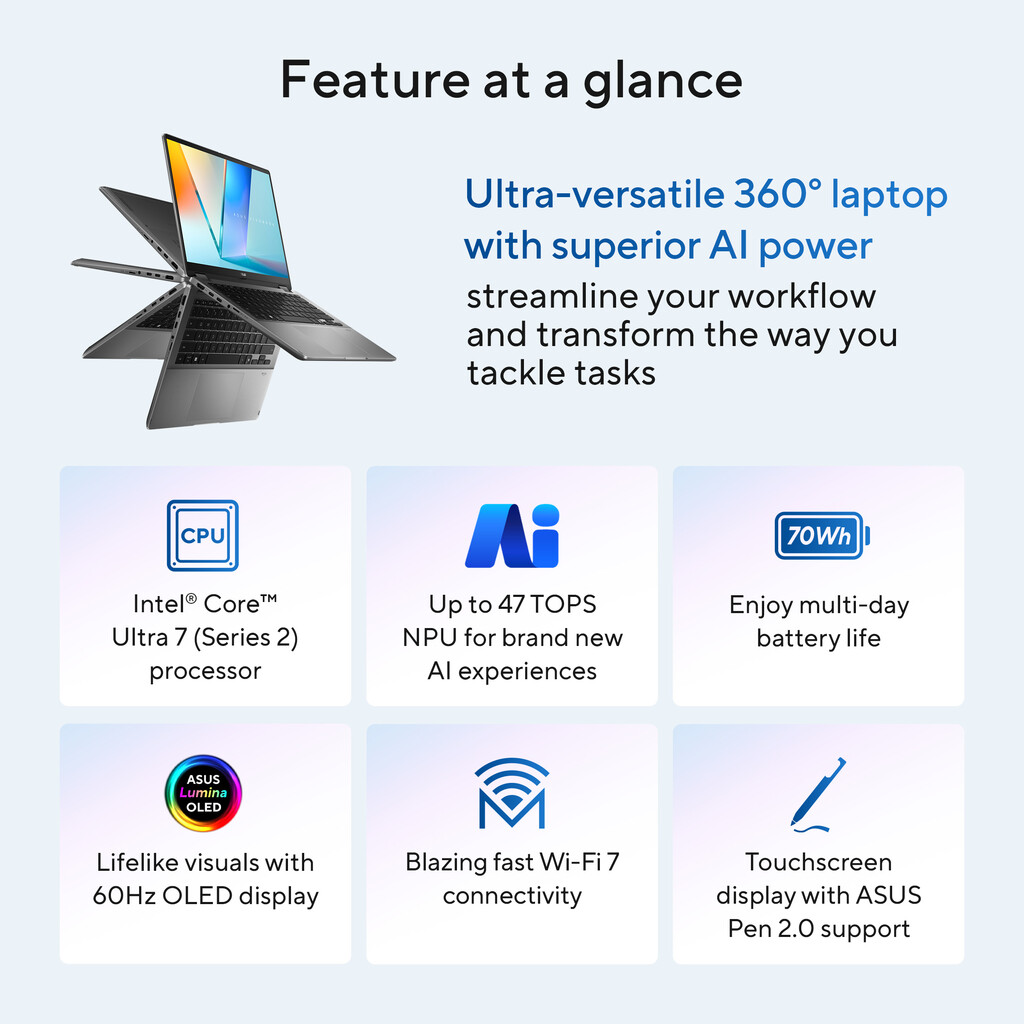 ASUS Vivobook 14 Flip TP3407SA-SG167W Copilot+ PC Intel Core Ultra 5 226V Hybride (2-in-1) 35,6 cm (14") Touchscreen WUXGA 16 GB - Afbeelding 29
