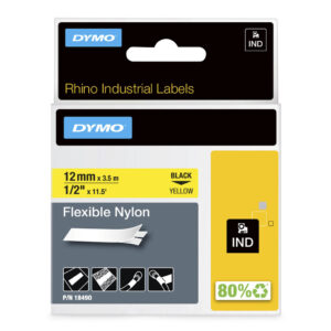 DYMO Rhino industriële Flexibele Nylon Labels | 12 mm x 3,5 m | zwarte afdruk op geel | zelfklevende labels voor Rhino & Label