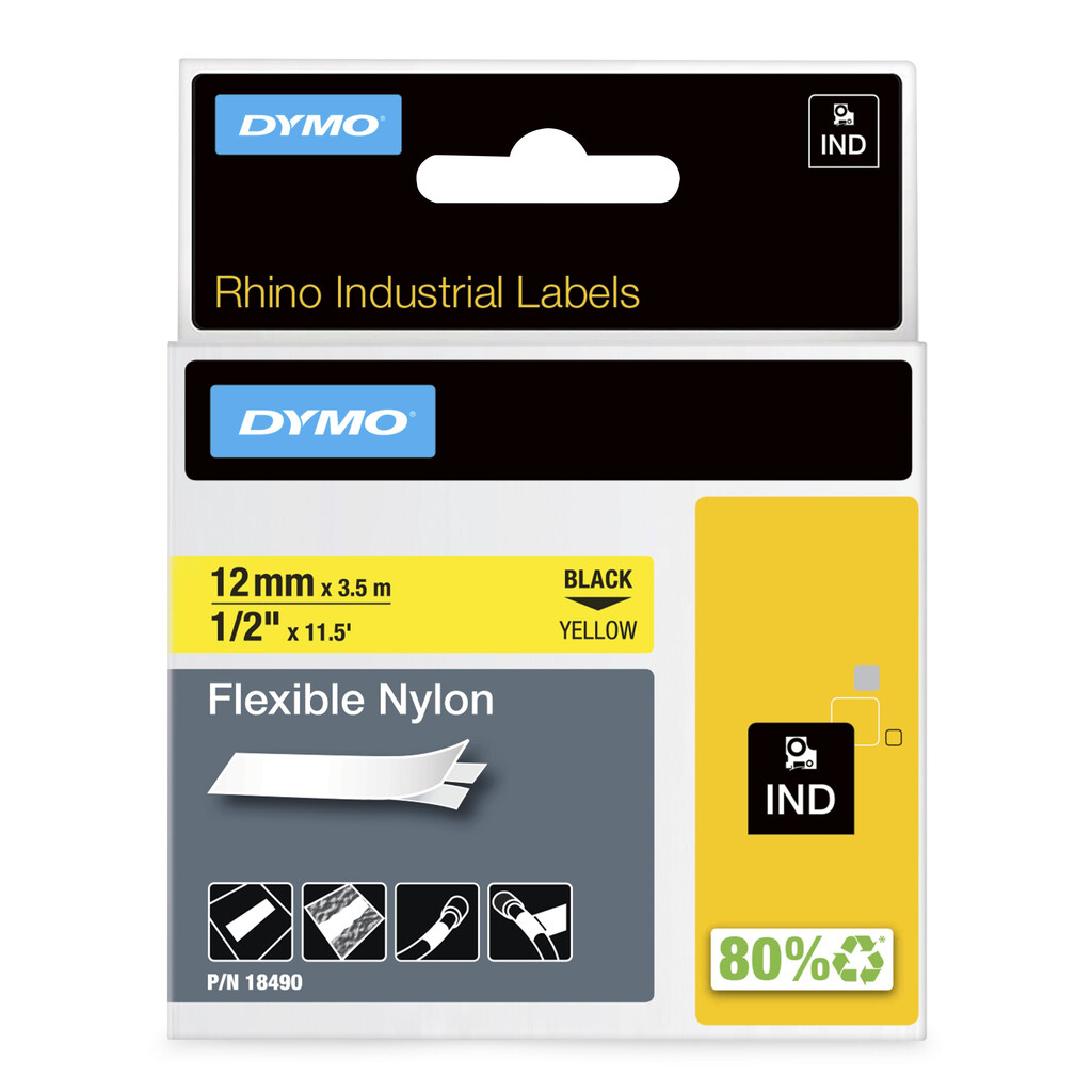 DYMO Rhino industriële Flexibele Nylon Labels | 12 mm x 3,5 m | zwarte afdruk op geel | zelfklevende labels voor Rhino & Label