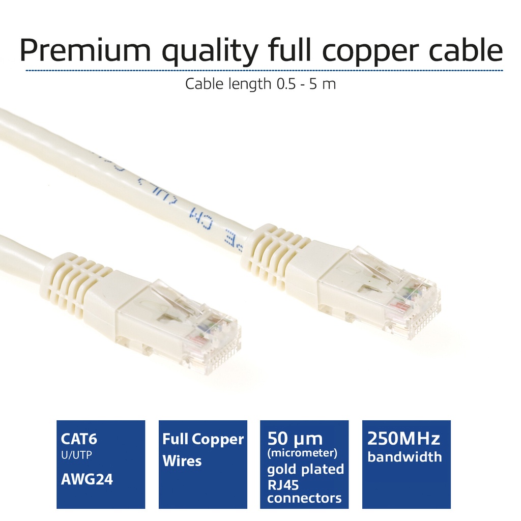 ACT Ivoor 5 meter U/UTP CAT6 patchkabel met RJ45 connectoren - Afbeelding 2