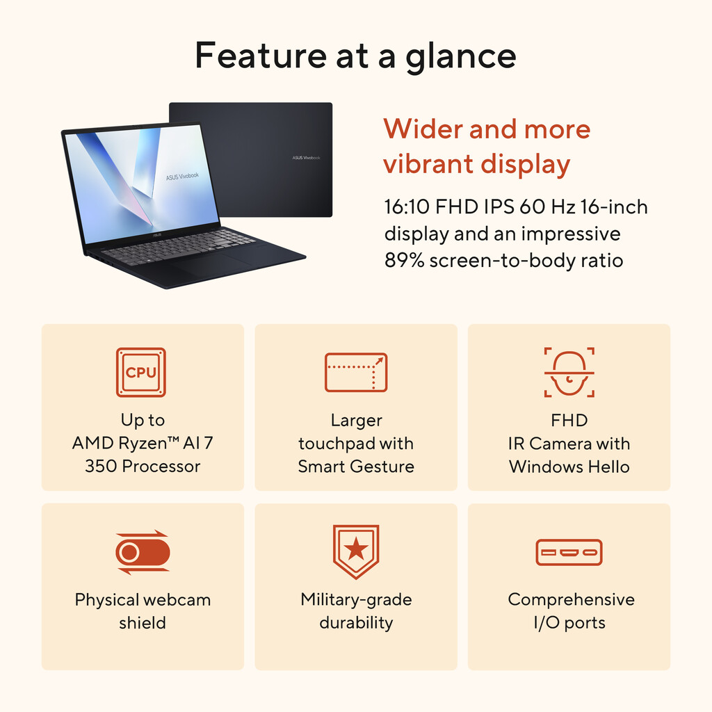 ASUS Vivobook 16 M1607KA-MB5NDW Copilot+ PC AMD Ryzen AI 5 330 Laptop 40,6 cm (16") WUXGA 16 GB DDR5-SDRAM 512 GB SSD Wi-Fi 6 (8 - Afbeelding 25