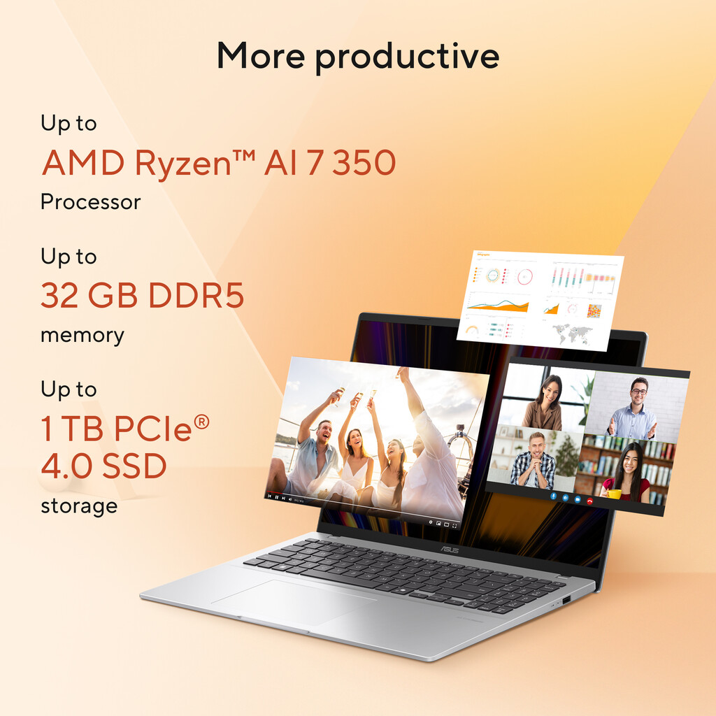 ASUS Vivobook 16 M1607KA-MB5NDW Copilot+ PC AMD Ryzen AI 5 330 Laptop 40,6 cm (16") WUXGA 16 GB DDR5-SDRAM 512 GB SSD Wi-Fi 6 (8 - Afbeelding 16