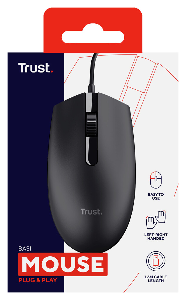 Trust Basi Bedrade Muis - Ambidextere muis – 3 knoppen – 1200 DPI – Zwart - Afbeelding 4