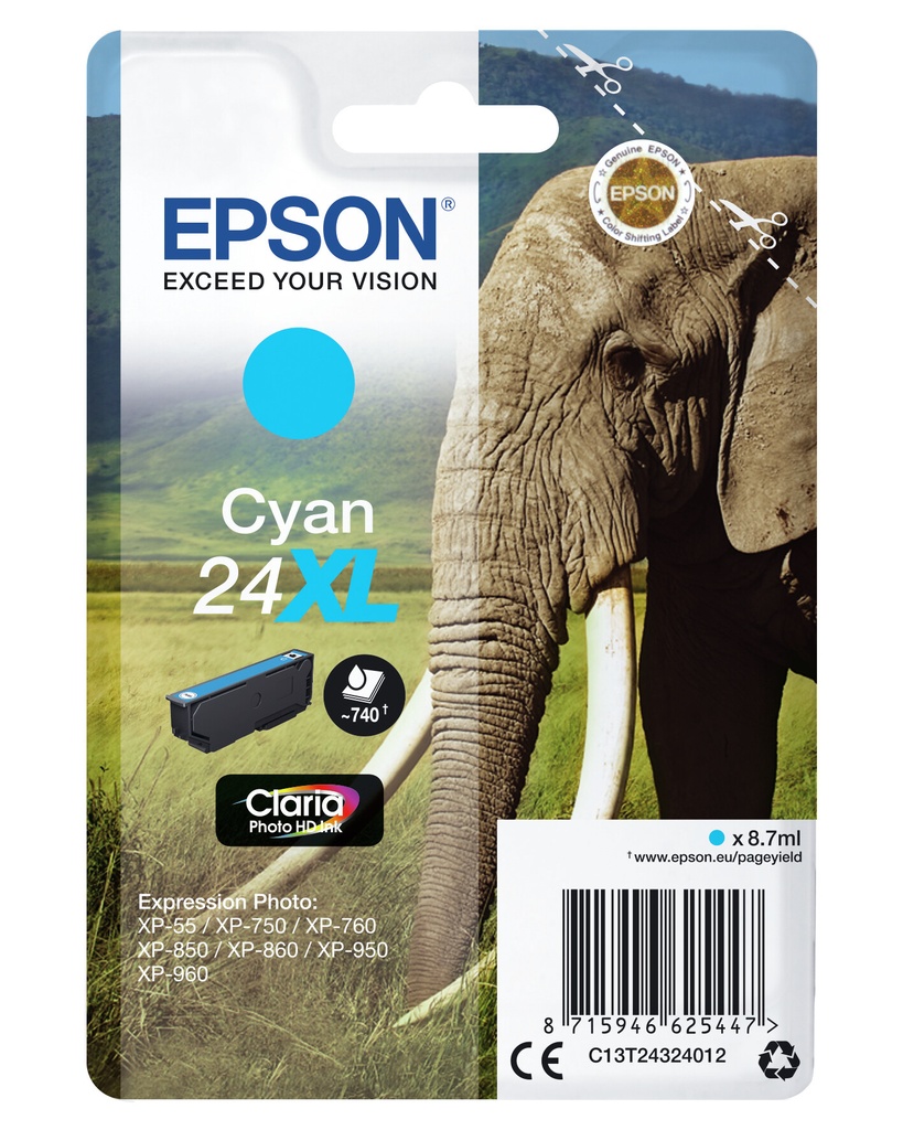 Epson Elephant Singlepack Cyan 24XL Claria Photo HD Ink - Afbeelding 2