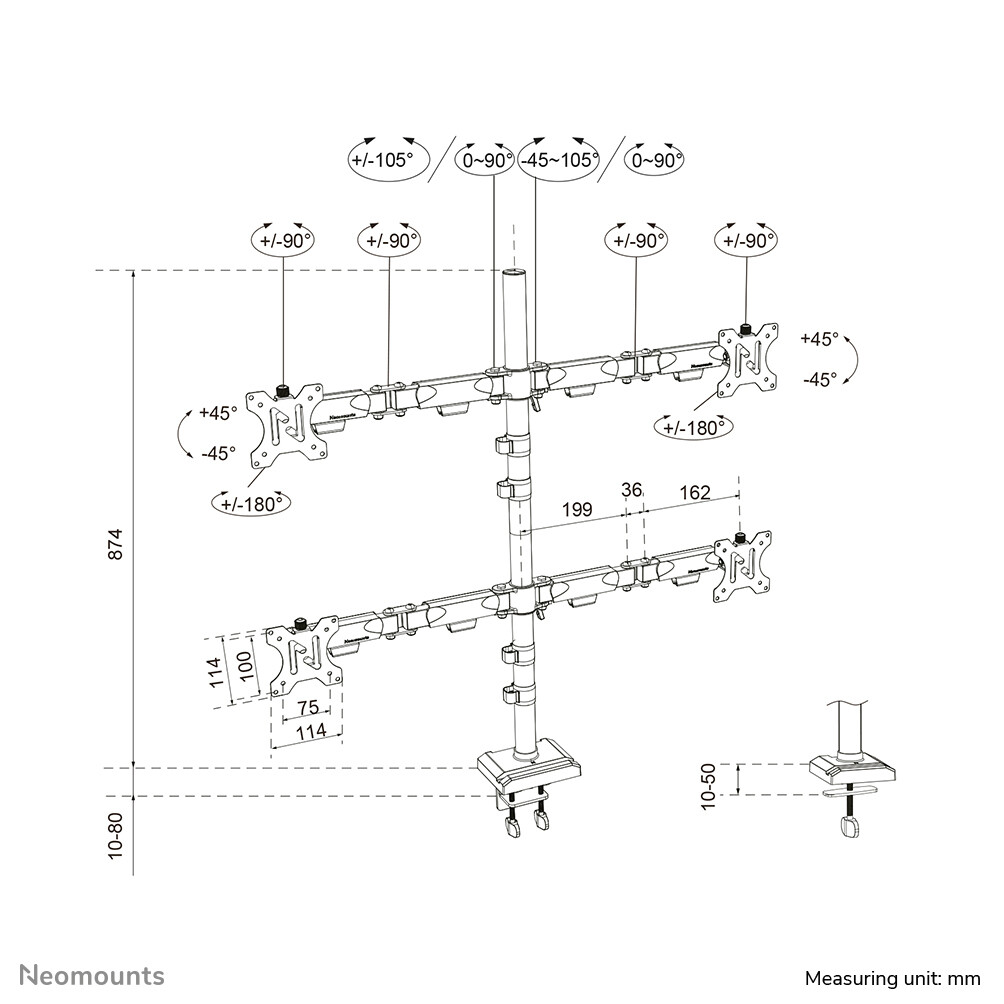 Neomounts DS60-600BL2-2 Quadruple monitorarm voor vier schermen 10-32" - Afbeelding 16