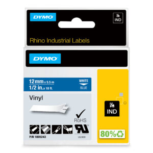 DYMO Rhino industriële Vinyl Labels | 12 mm x 5,5 m | witte afdruk op blauw | zelfklevende labels voor Rhino & LabelManager labe